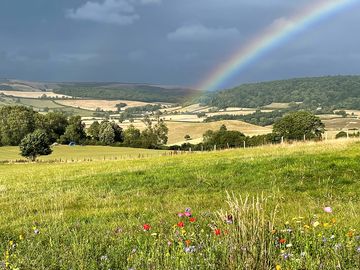 Dramatic skies and a beautiful rainbow on the evening of the rare blue super moon 19 august