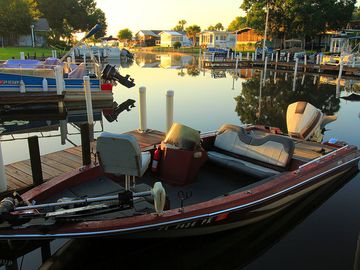 Bass fishing boats docked at the resort