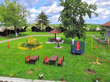 Outdoor café seating and playground