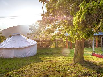 Outside the yurt at sunset