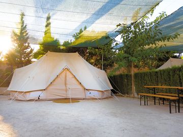 Safari tent on a large, shaded pitch