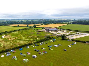 Aerial view of campsite and William's Den Adventure Play site