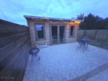 Microcabin outdoor area in the evening