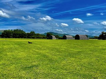Field views of glamping pods with mountain views in the distance