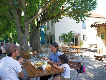 Having lunch under the trees