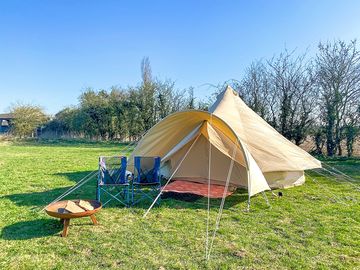 Exterior of bell tent and with awning