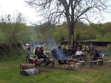 Group barbecue and campfire