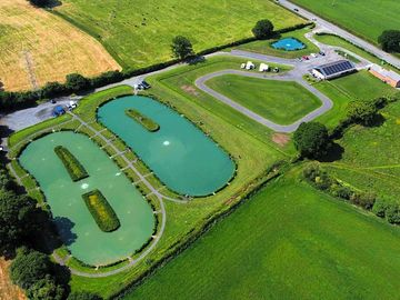 Aerial view of the campsite and fishing pools