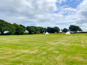 View of both bell tents and the grass pitches