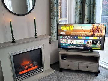 Living room with tv and electric fireplace