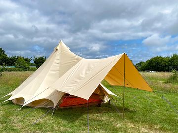 Bell tent in a hay meadow; among establishing nut trees.