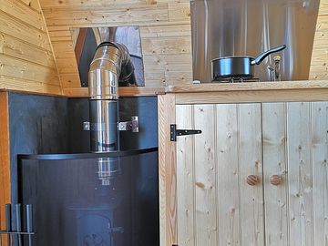 Woodburning stove and kitchen
