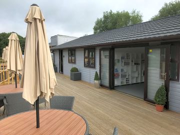 Cafe deck with shop and reception