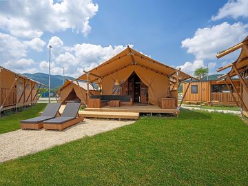 Exterior of the three-bedroom tent