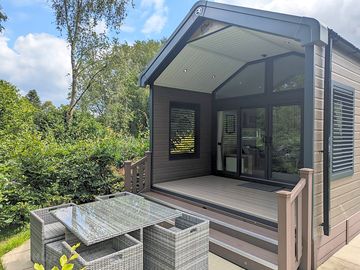 Outside view, patio furniture included