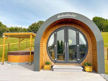 Front view of the pod and hot tub
