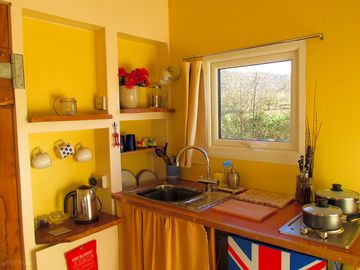 Each cabin has its own kitchenette with kettle, toaster, fridge freezer and two-ring hob
