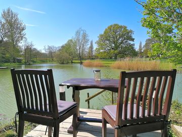 The view from your decking and dining spot, lit in the evening by solar lights