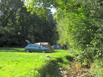 Camp by the stream, surounded by woodland