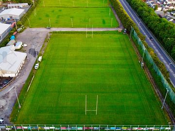 Birds' eye view of the rugby club premises with clubhouse, toilets and showers