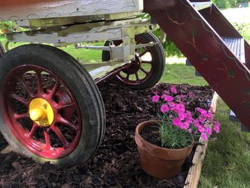The gypsy van has been built on a 1930s dray base and has been painted in traditional colours