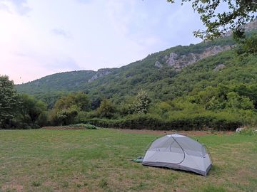 Non-electric grass tent pitch