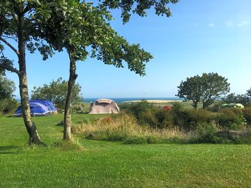 Pitches near the pond with the sea in the distance.