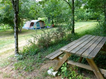 Picnic table under the trees