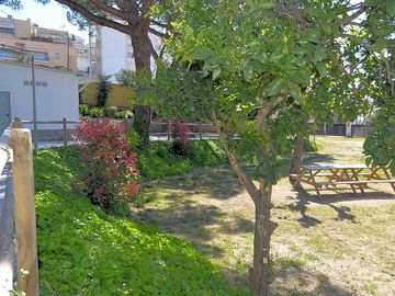 Camping field with picnic tables