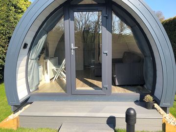 Luxury glamping pod front view.