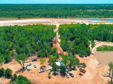 Aerial view of the grain silo pub and the trail leading to the river