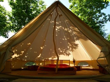 Inside a double bell tent
