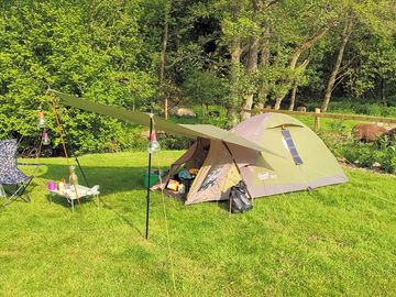 Pitch next to the stream (and the sheep!)