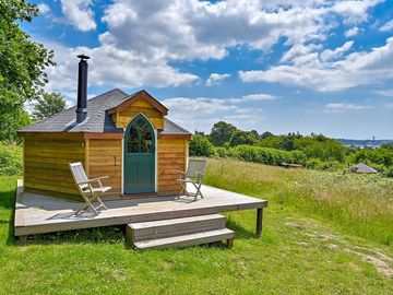 Outside Haye yurt with glorious views down to the river
