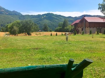 Grass pitches with mountain views