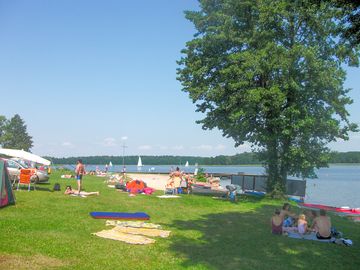 View of the sandy beach and the designated swimming area