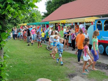 The on-site train takes the children to the play room