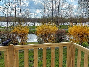 Terrace with pond views