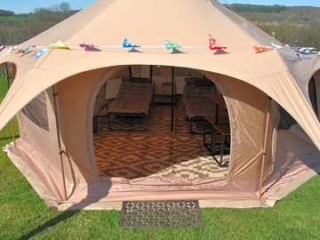 New for 2025 ready-pitched rental tent with four or five beds, electric socket with usb points