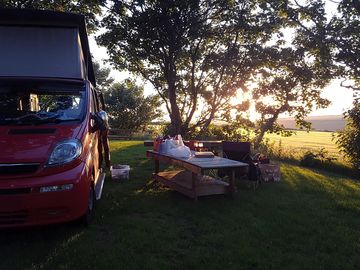 Set up for the night, ready to eat pizza, watch the sun set and enjoy the fire.