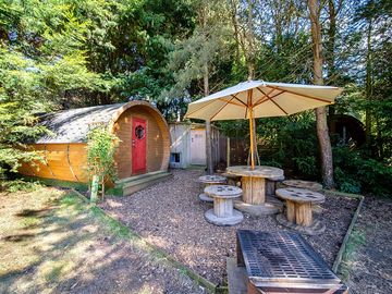 The peewit pods sleep up to 6 guests. they offer a private scrub shack shower and outdoor dining.