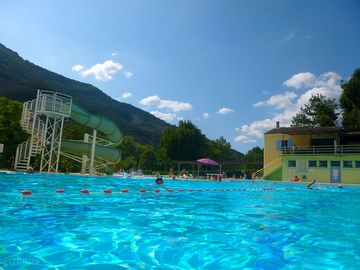 The outdoor pool and waterslide