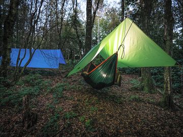 Pitched hammocks at night