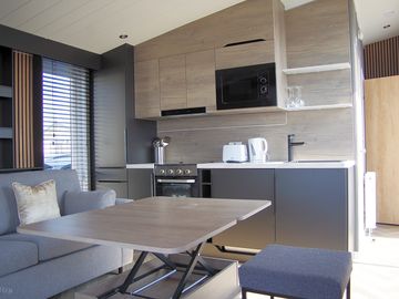 Lounge area with dining table placed