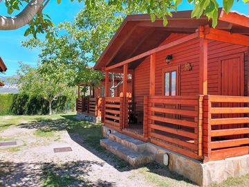 The exterior of a wooden bungalow