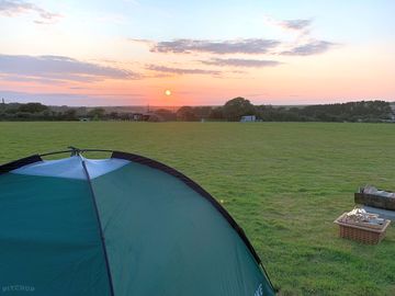 Sunset over the hill on our first night, getting ready to light the wood burner for marshmallows.