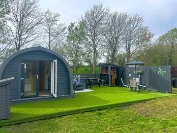 Our luxury pod and decking area with hot tub