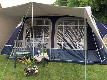 Bluebell 4 birth pre-pitched tent on grass pitch