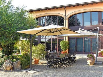Covered terrace for communal dinng