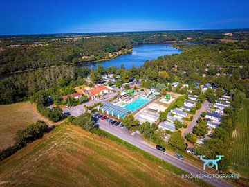 Aerial view showing the swimming pool and lake